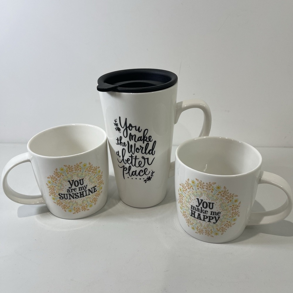 Natural Life Coffee Mug Set Of 3 Mugs‎ Tea Travel Floral White Happy Sunshine